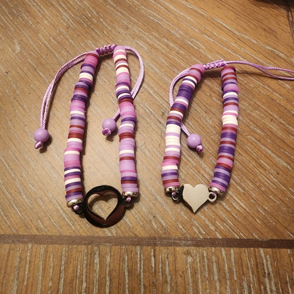 Mommy & Me Matching Purple and Pink Beaded Bracelets with Heart Charms